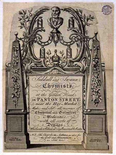 Tarjeta comercial para Siddall y Swann, Químicos, en la Cabeza Dorada, Panton Street, Londres de English School