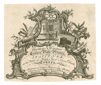 Tarjeta comercial para Thomas Harper, impresor de placas de cobre y papelería de English School