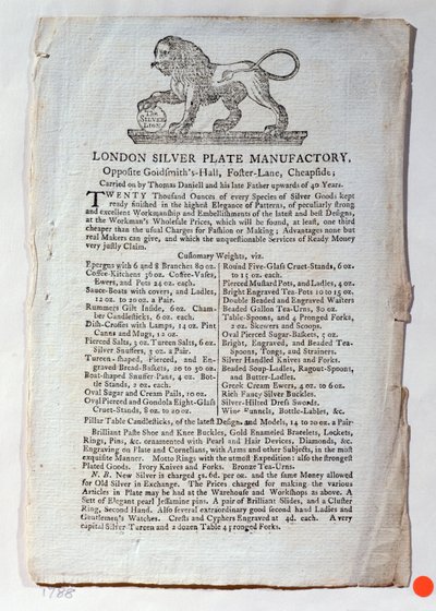 Tarjeta comercial para la Fábrica de Platería de Londres, 1788 de English School