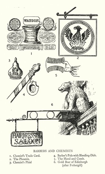Señales comerciales: Barberos y Químicos (litografía) de English School