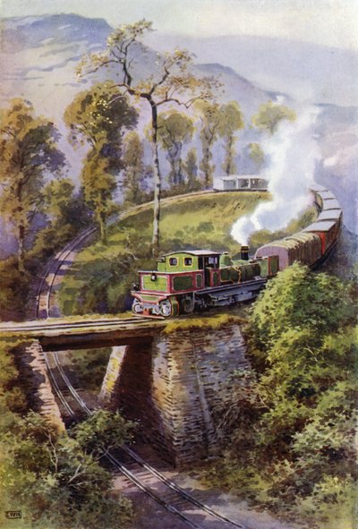 Tren que redondea Agony Point, un bucle en el ferrocarril del Himalaya de Darjeeling, India (litografia en color) de English School