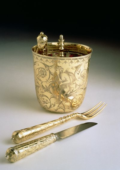 Juego de viaje de cuchillo, tenedor, cuchara y vaso, c.1690 de English School