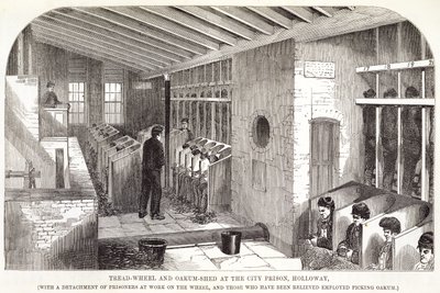 Rueda de Molino y Cobertizo de Estopa en la Prisión de la Ciudad, Holloway, de Las Prisiones Criminales de Londres y Escenas de la Vida en Prisión por Henry Mayhew y John Binny, 1862 de English School