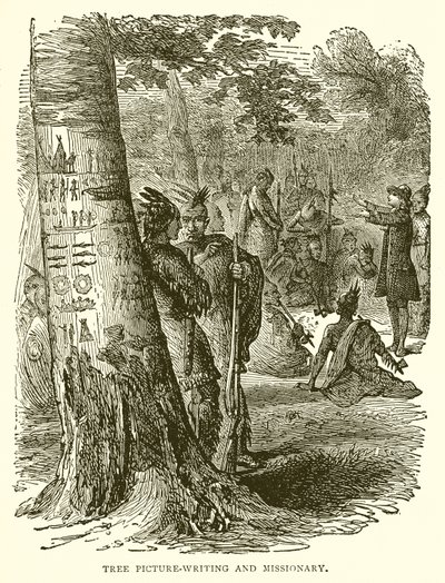 Escritura pictográfica en árboles y misionero de English School