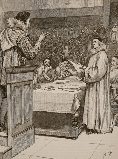 Juicio de Buckingham, ilustración de la Historia Ilustrada de Inglaterra de Cassell de English School