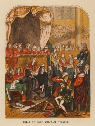 Juicio de Lord William Russell (grabado coloreado) de English School