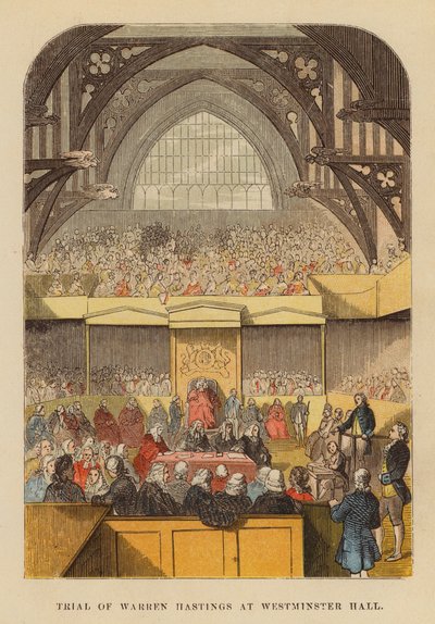 Juicio de Warren Hastings en Westminster Hall (grabado en color) de English School