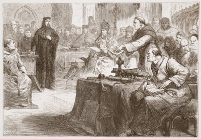 Juicio de Wicliffe, ilustración de La Historia del Protestantismo por James Aitken Wylie (1808-1890), pub. 1878 de English School