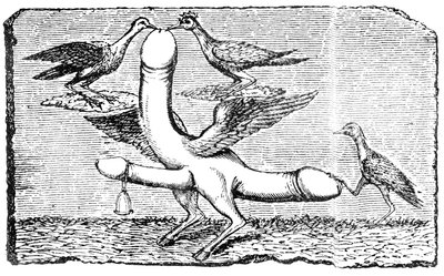 Triple falo con alas, patas y pies de cabra, una campana, alas, dos pájaros picoteando el pene más grande y otro pájaro sujetando la cola con su pie de English School