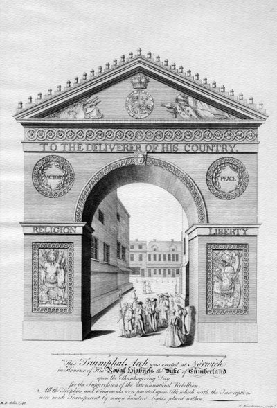 Arco triunfal erigido en Norwich en honor al Duque de Cumberland, grabado por Paul Fourdrinier, 1746 de English School