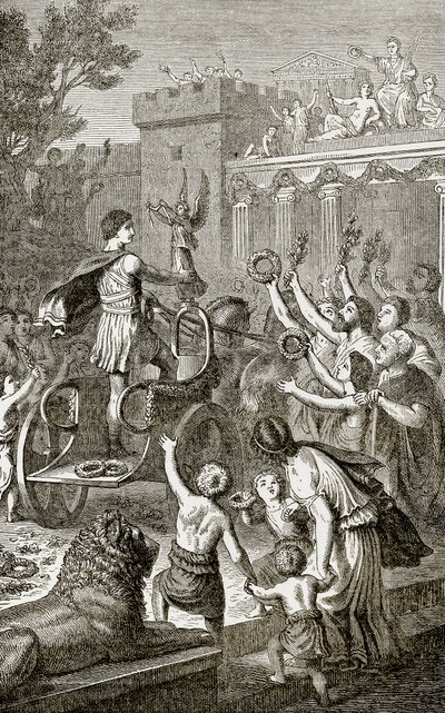 Regreso triunfal de un vencedor olímpico, ilustración de La Historia Ilustrada del Mundo publicada por Ward Lock, c.1880 de English School