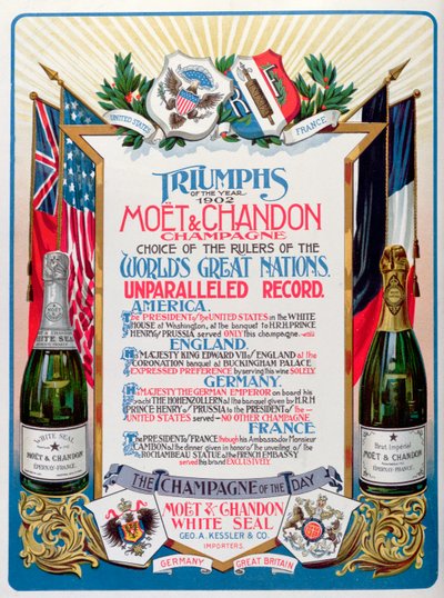 Triunfos del año 1902, champán Moet  Chandon, elección de los gobernantes de las grandes naciones del mundo", anuncio en la revista "The Theatre". de English School