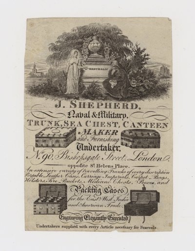 Tarjeta comercial de fabricante de baúles, J Shepherd de English School