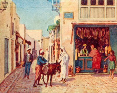 Túnez, calle de la ciudad árabe (litografía en color) de English School