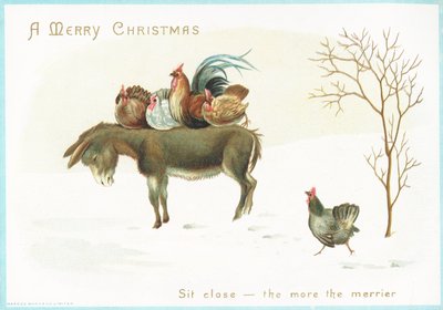 Pavo y gallina sentados en el lomo de un burro, tarjeta de Navidad de English School