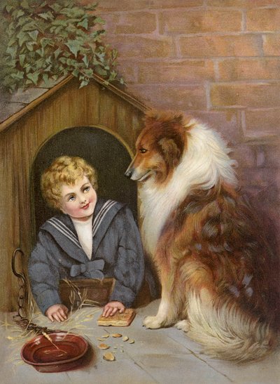 Turned Out - Niño que finge ser un perro Collie (litografía en color) de English School