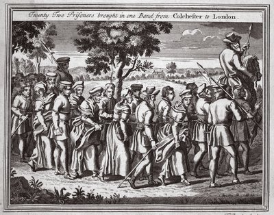 Veintidós prisioneros llevados en una banda de Colchester a Londres, ilustración de Mártires de Fox c.1703 de English School