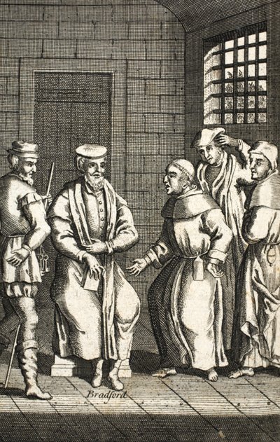 Dos frailes españoles hablando con el Sr. Bradford, ilustración de Mártires de Fox c.1703 de English School