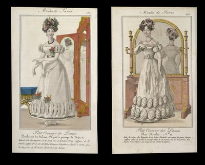 Dos láminas de moda de damas en vestido de noche, anuncios de Modes de Paris, c.1825 de English School