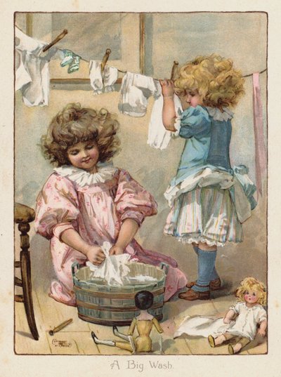 Dos niñas lavando la ropa de sus muñecas (chromolitho) de English School