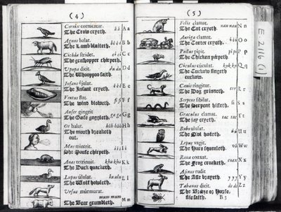 Dos páginas de Orbis Sensualium Pictus por Comenius, 1659 de English School