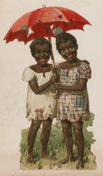 Dos niños negros pobres refugiándose bajo un paraguas raído de English School