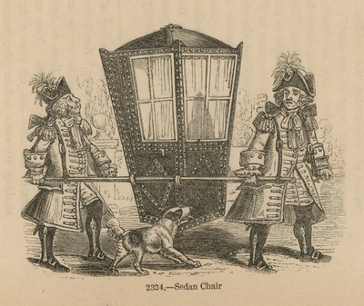 Dos hombres uniformados llevando una silla de manos de English School