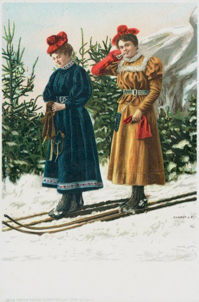 Dos mujeres en esquís bajando un paisaje nevado de English School