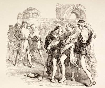 Tybalt es herido de muerte por Romeo, ilustración de Romeo y Julieta, de 