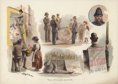 Tipos de vida callejera londinense: cartero, vendedor de flores, músicos, mendigo, hombre del bocadillo, policía (cromolito) de English School