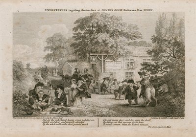 Empresarios de pompas fúnebres disfrutando en la puerta de la muerte, Battersea Rise, Surrey de English School