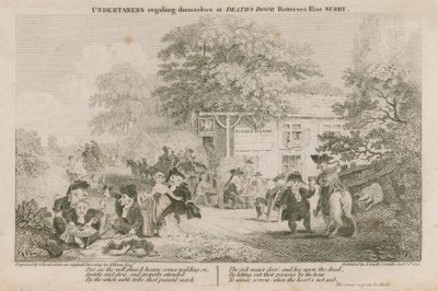 Empresarios de pompas fúnebres disfrutando en la puerta de la muerte, Battersea Rise, Surrey de English School