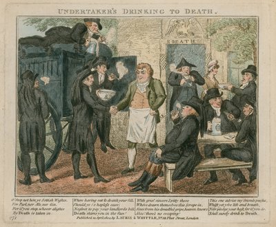 Empresarios de pompas fúnebres disfrutando en la puerta de la muerte, Battersea Rise, Surrey de English School