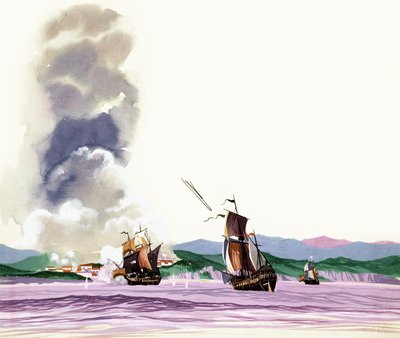 Batalla no identificada con barcos de vela disparando a la costa y fuego siendo devuelto de English School