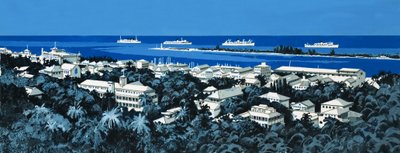 Línea costera no identificada con pueblo y barcos en el horizonte de English School