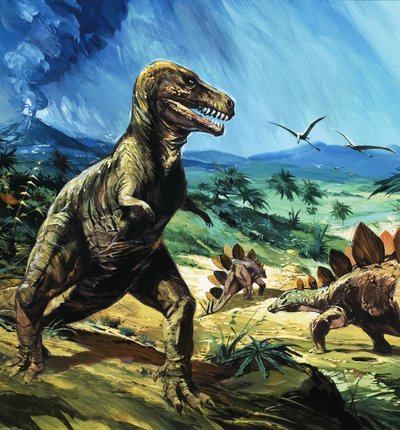 Escena de dinosaurios no identificada con T-Rex y Stegosaurus de English School