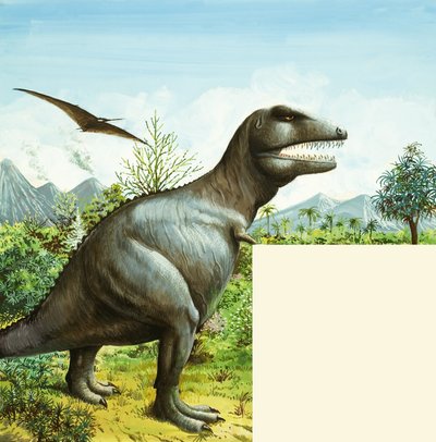 Escena de dinosaurios no identificada con T Rex y Pterodáctilo de English School