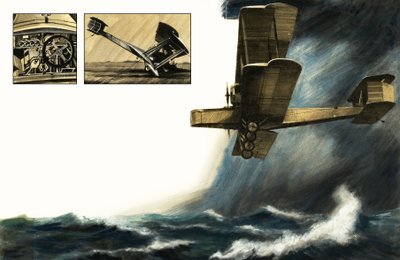 Biplano temprano no identificado volando sobre mares tormentosos de English School
