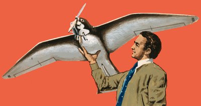 Hombre no identificado con avión en forma de pájaro con hélice de English School