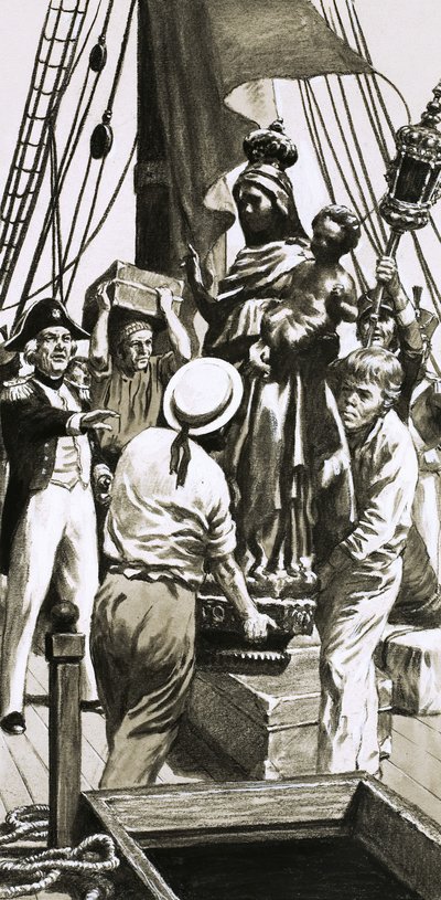 Escena de un barco de vela no identificado cargando mercancía de English School