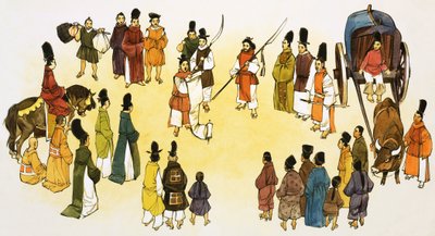 Escena no identificada de pregonero japonés haciendo un anuncio a la multitud de English School