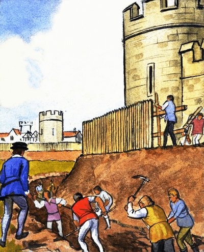 Escena no identificada de hombres cavando un foso alrededor de un castillo de English School