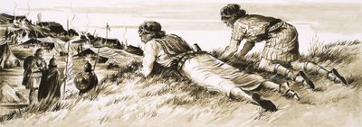 Escena no identificada de dos hombres espiando un campamento romano de English School