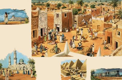 Escenas no identificadas de Egipto, incluyendo el Antiguo Egipto y las pirámides de English School
