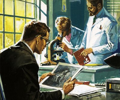 Científicos no identificados, uno mirando fotografías, otro mirando a través de un microscopio de English School