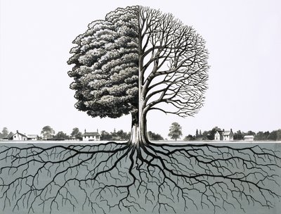 Árbol no identificado, mostrando la mitad sin hojas y el sistema de raíces de English School