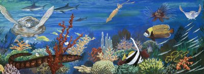 Criaturas submarinas no identificadas incluyendo peces coloridos y tortuga de English School