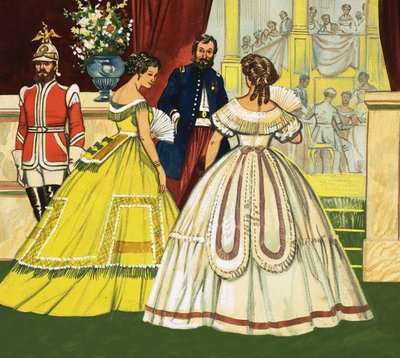 Mujeres no identificadas en vestidos formales asistiendo a un evento (siglo XIX) de English School