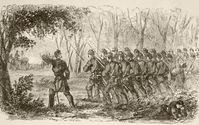 Soldados de la Unión en la meseta en la primera batalla de Bull Run (litografía) de English School
