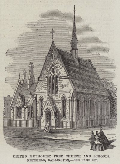 Iglesia y Escuelas Metodistas Libres Unidas, Nestfield, Darlington (grabado) de English School
